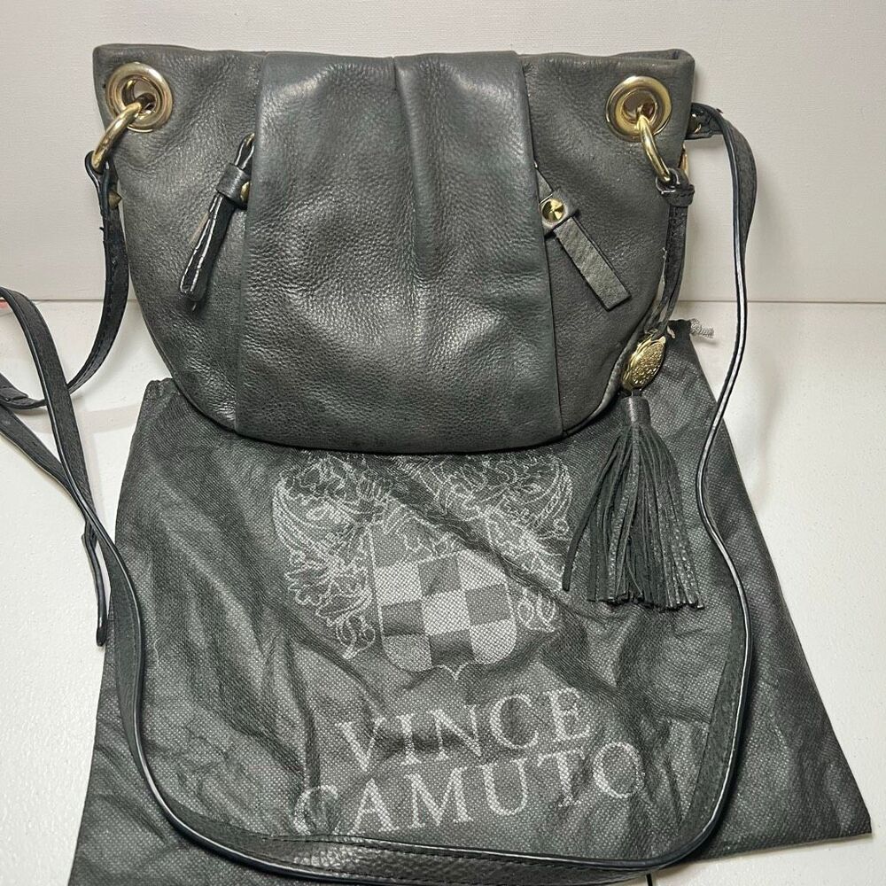 Vince Camuto Charcoal Gray Pebbled Leather Classic Crossbody Bag gold hardware
